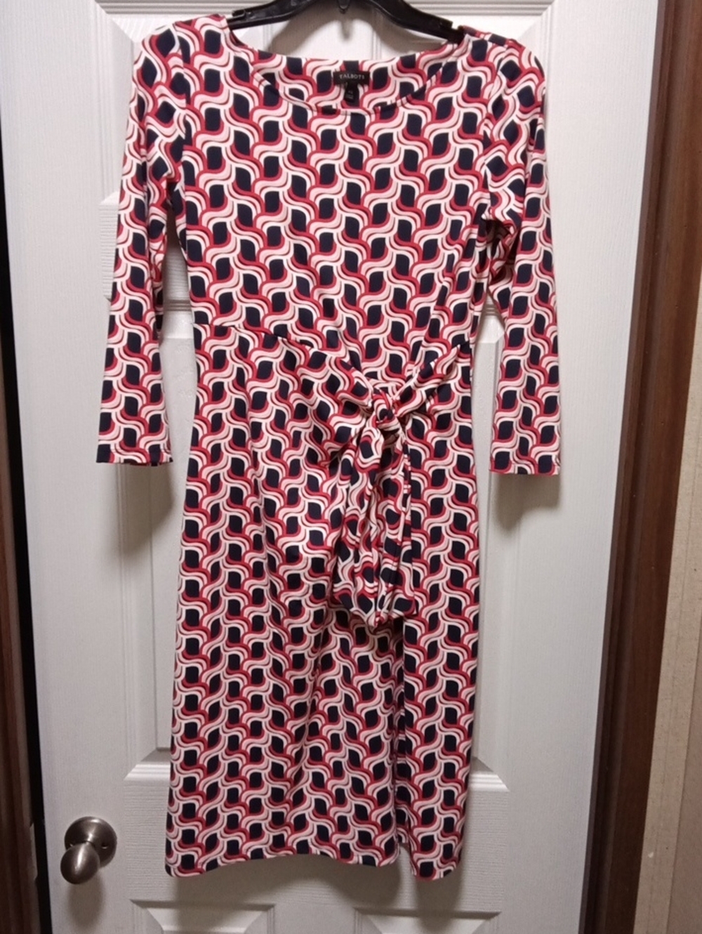 Talbots Pink Navy & White Geometric Tie-Waist Long Sleeve Dress Size XS